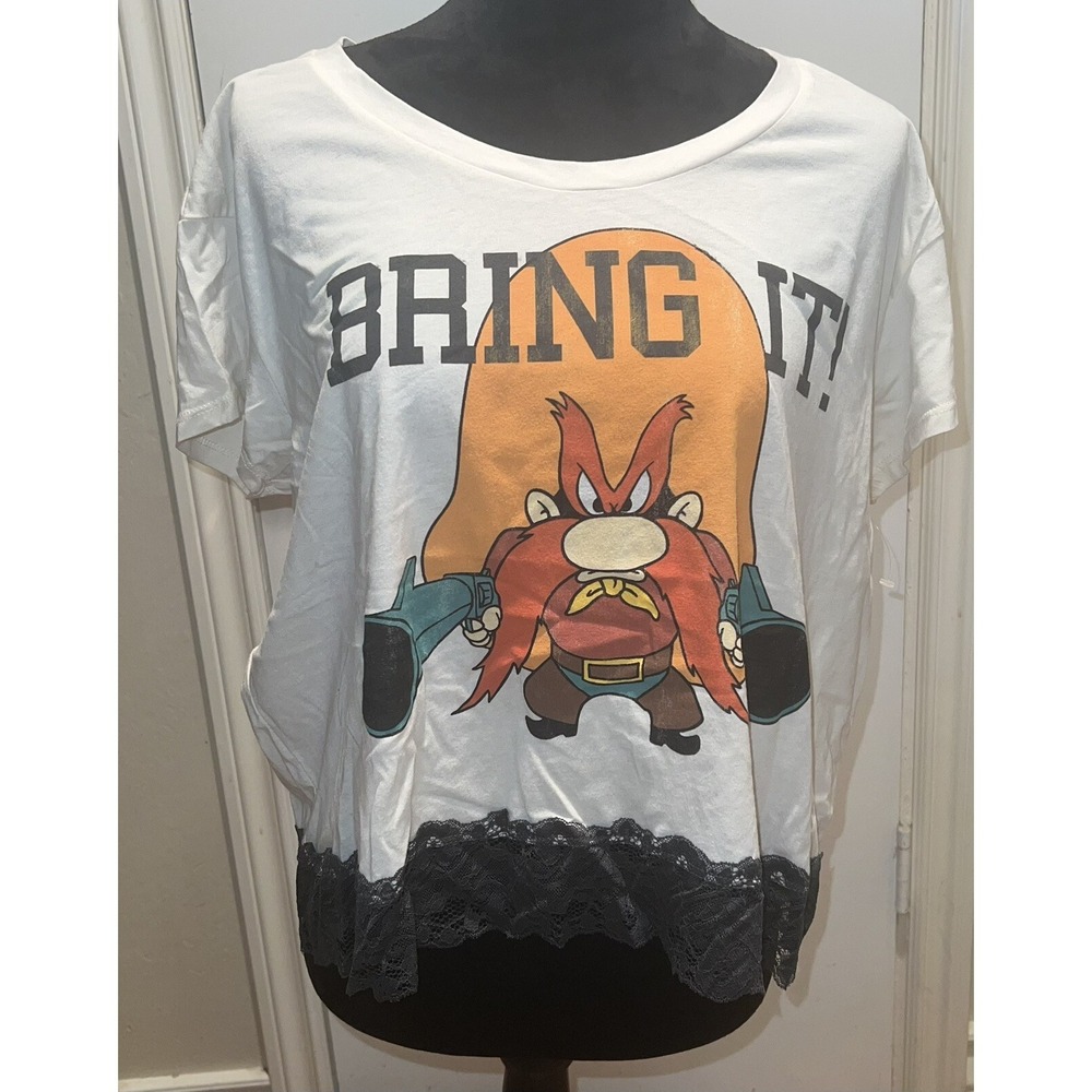 Looney Tunes Yosemite Sam T-Shirt XL Girls‎ White Short Sleeve Bring It W/ Lace